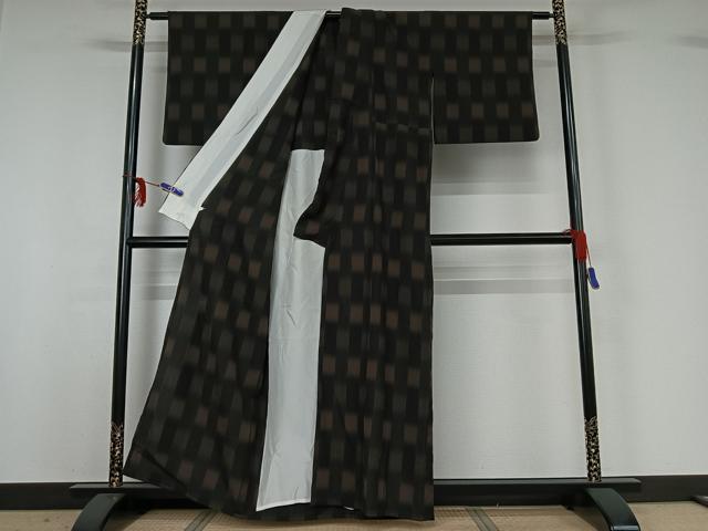 平和屋着物▽お召 単衣 縞 黒地 正絹 逸品 AABG1000jh