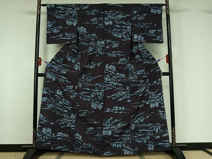 平和屋着物▽上質な紬 単衣 ろうけつ染め 風景文 正絹 逸品 AABG1001jh