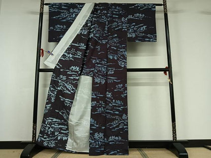 平和屋着物▽上質な紬 単衣 ろうけつ染め 風景文 正絹 逸品 AABG1001jh