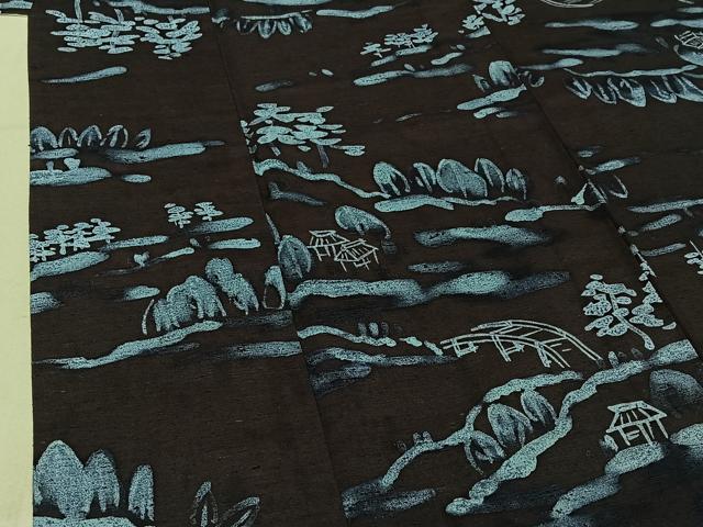 平和屋着物▽上質な紬 単衣 ろうけつ染め 風景文 正絹 逸品 AABG1001jh