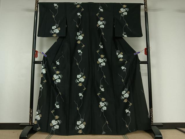 平和屋着物▽小紋 単衣 草葉文 黒地 洗える着物 AABG1003jh