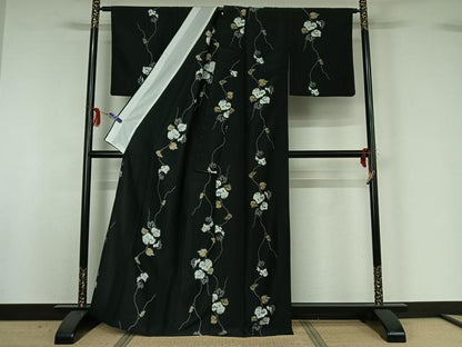 平和屋着物▽小紋 単衣 草葉文 黒地 洗える着物 AABG1003jh