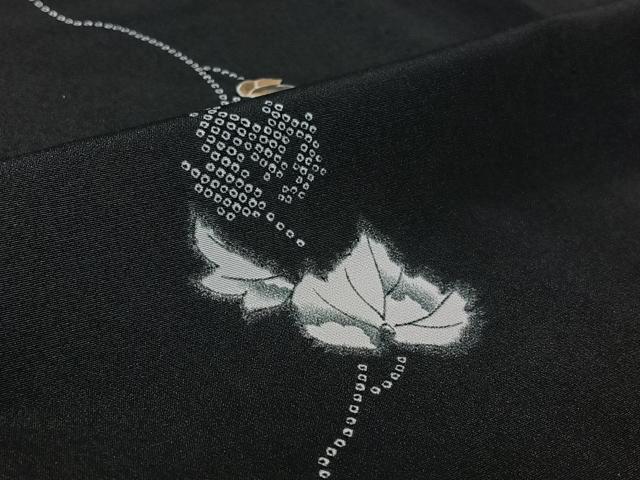 平和屋着物▽小紋 単衣 草葉文 黒地 洗える着物 AABG1003jh