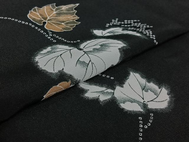 平和屋着物▽小紋 単衣 草葉文 黒地 洗える着物 AABG1003jh