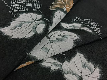 平和屋着物▽小紋 単衣 草葉文 黒地 洗える着物 AABG1003jh