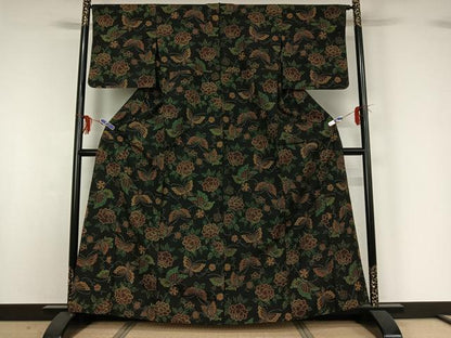 平和屋着物▽上質な紬 単衣 花蝶文 黒地 正絹 逸品 AABG1004jh