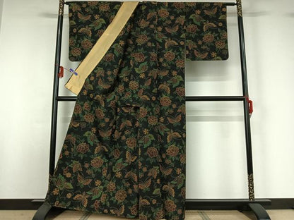 平和屋着物▽上質な紬 単衣 花蝶文 黒地 正絹 逸品 AABG1004jh