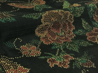 平和屋着物▽上質な紬 単衣 花蝶文 黒地 正絹 逸品 AABG1004jh