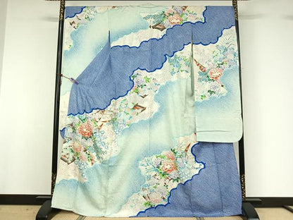 平和屋着物▽豪華振袖　単衣　絞り　手描き　草花文　舟　暈し染め　金彩　正絹　逸品　AABG1006jh