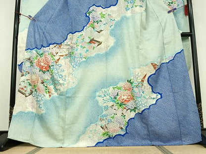 平和屋着物▽豪華振袖　単衣　絞り　手描き　草花文　舟　暈し染め　金彩　正絹　逸品　AABG1006jh