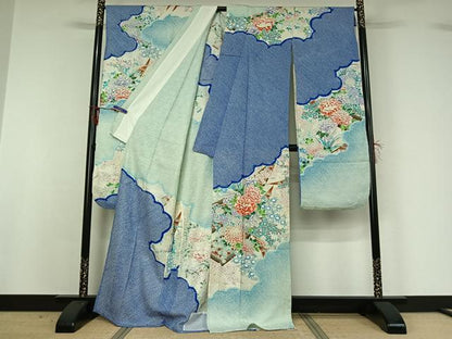 平和屋着物▽豪華振袖　単衣　絞り　手描き　草花文　舟　暈し染め　金彩　正絹　逸品　AABG1006jh