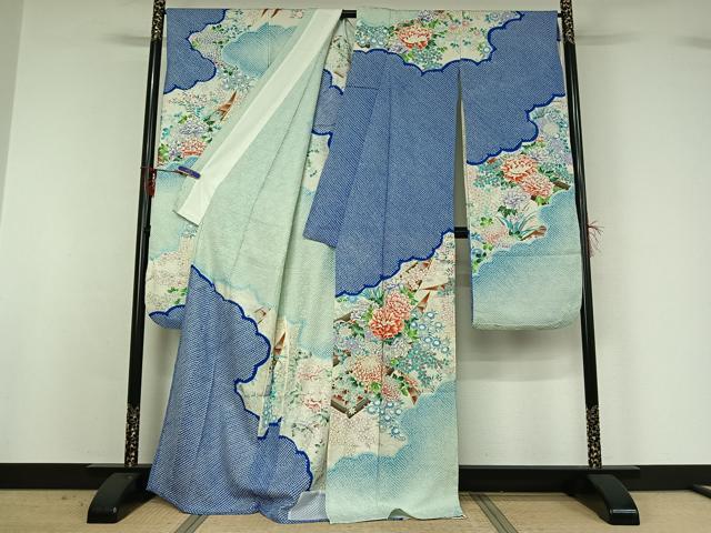 平和屋着物▽豪華振袖　単衣　絞り　手描き　草花文　舟　暈し染め　金彩　正絹　逸品　AABG1006jh