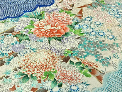 平和屋着物▽豪華振袖　単衣　絞り　手描き　草花文　舟　暈し染め　金彩　正絹　逸品　AABG1006jh