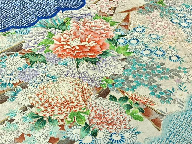 平和屋着物▽豪華振袖　単衣　絞り　手描き　草花文　舟　暈し染め　金彩　正絹　逸品　AABG1006jh