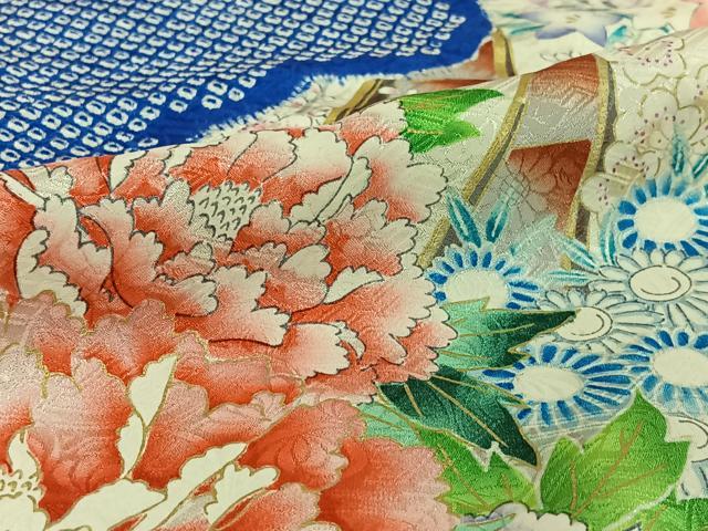 平和屋着物▽豪華振袖　単衣　絞り　手描き　草花文　舟　暈し染め　金彩　正絹　逸品　AABG1006jh