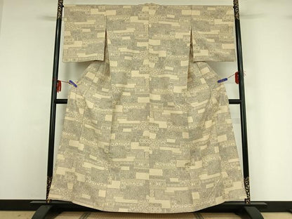 平和屋着物▽上質な紬 単衣 横段花蝶文 正絹 逸品 AABG1016jh