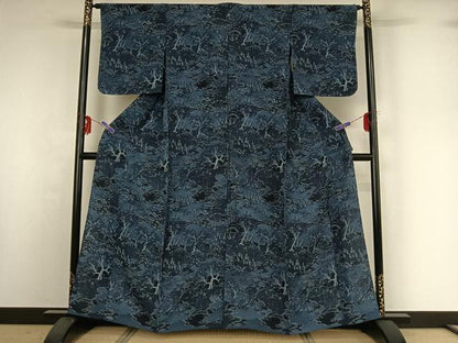 平和屋着物▽上質な小紋 単衣 風景花文 鹿 鬼しぼ縮緬 正絹 逸品 AABG1028jh