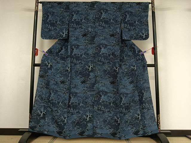 平和屋着物▽上質な小紋 単衣 風景花文 鹿 鬼しぼ縮緬 正絹 逸品 AABG1028jh