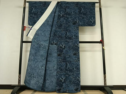 平和屋着物▽上質な小紋 単衣 風景花文 鹿 鬼しぼ縮緬 正絹 逸品 AABG1028jh