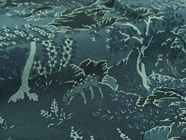 平和屋着物▽上質な小紋 単衣 風景花文 鹿 鬼しぼ縮緬 正絹 逸品 AABG1028jh