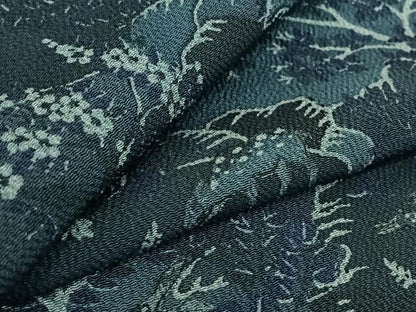 平和屋着物▽上質な小紋 単衣 風景花文 鹿 鬼しぼ縮緬 正絹 逸品 AABG1028jh