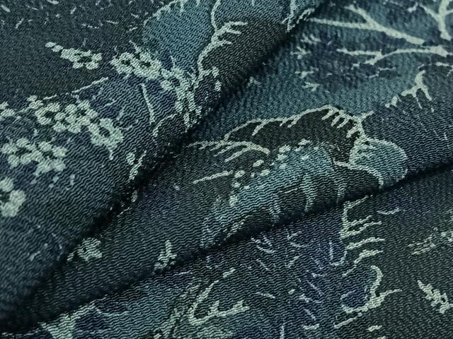 平和屋着物▽上質な小紋 単衣 風景花文 鹿 鬼しぼ縮緬 正絹 逸品 AABG1028jh