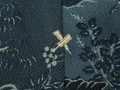 平和屋着物▽上質な小紋 単衣 風景花文 鹿 鬼しぼ縮緬 正絹 逸品 AABG1028jh
