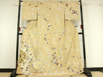 平和屋着物▽訪問着 単衣 駒刺繍 舞葉文 暈し染め 金彩 正絹 逸品 AABG1031jh