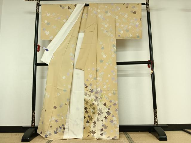 平和屋着物▽訪問着 単衣 駒刺繍 舞葉文 暈し染め 金彩 正絹 逸品 AABG1031jh