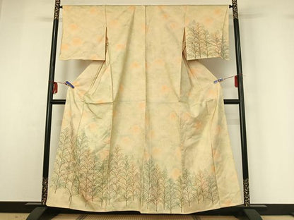 平和屋着物▽訪問着 単衣 紬地 手描き 樹林文 高島屋扱い 正絹 逸品 AABG1038jh