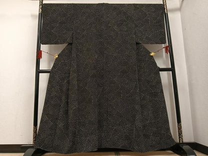 平和屋着物●上質な小紋 幾何学文様 黒地 鬼しぼ縮緬 正絹 逸品 AABG1044ph