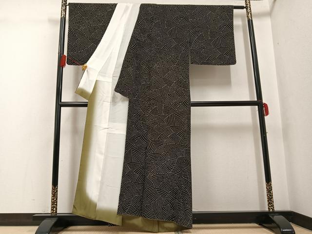 平和屋着物●上質な小紋 幾何学文様 黒地 鬼しぼ縮緬 正絹 逸品 AABG1044ph