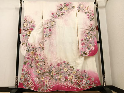 平和屋着物●豪華振袖 駒刺繍 草花文 暈し染め 金彩 正絹 逸品 AABG1049ph