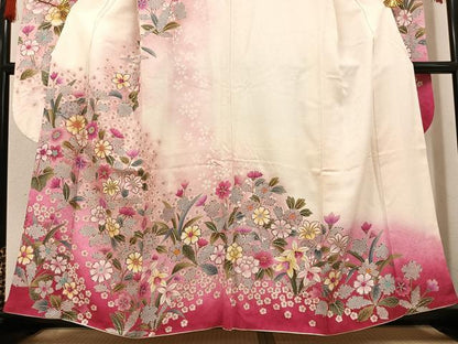 平和屋着物●豪華振袖 駒刺繍 草花文 暈し染め 金彩 正絹 逸品 AABG1049ph