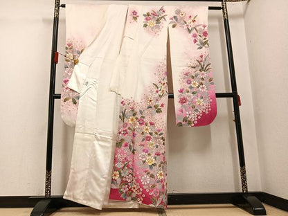 平和屋着物●豪華振袖 駒刺繍 草花文 暈し染め 金彩 正絹 逸品 AABG1049ph