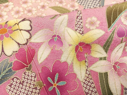 平和屋着物●豪華振袖 駒刺繍 草花文 暈し染め 金彩 正絹 逸品 AABG1049ph