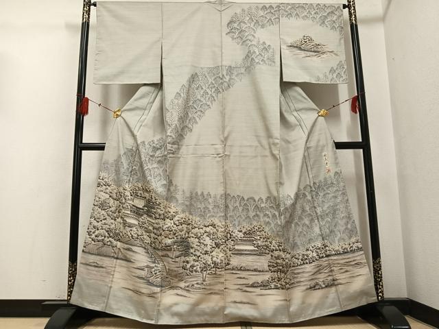 平和屋着物●本場大島紬 訪問着 作家物 手描き 飛鳥寺 正絹 逸品 未使用 AABG1057ph