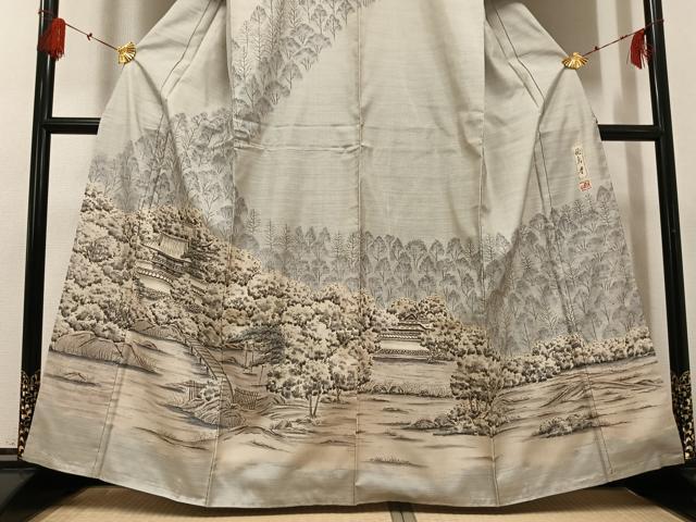 平和屋着物●本場大島紬 訪問着 作家物 手描き 飛鳥寺 正絹 逸品 未使用 AABG1057ph