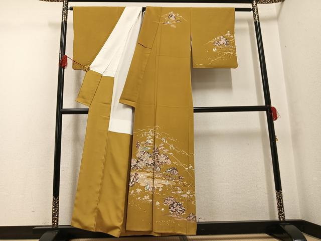 平和屋着物●訪問着　流水風景草花文　金彩　正絹　逸品　AABG1062ph