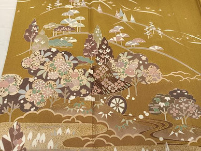 平和屋着物●訪問着　流水風景草花文　金彩　正絹　逸品　AABG1062ph