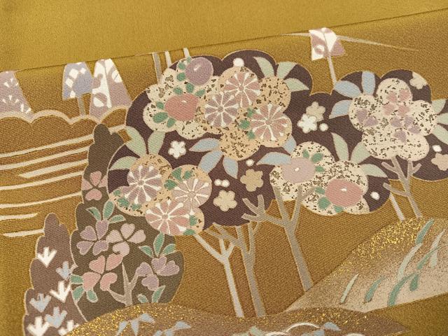 平和屋着物●訪問着　流水風景草花文　金彩　正絹　逸品　AABG1062ph