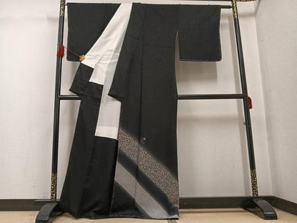 平和屋着物●訪問着 刺繍 花唐草文 暈し染め 黒地 金糸 正絹 逸品 未使用 AABG1066ph