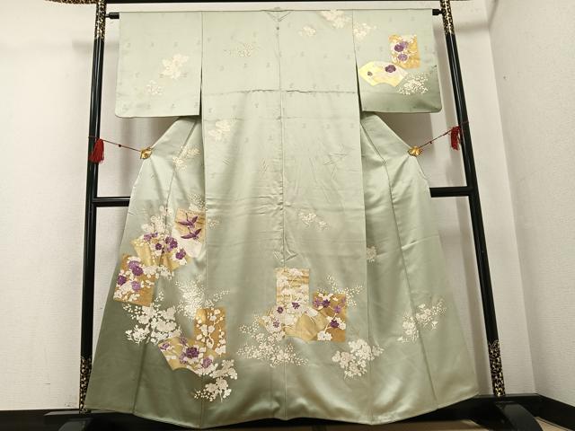 平和屋着物●訪問着　刺繍　群れ鶴地紙草花文　貝紫　暈し染め　金彩　正絹　逸品　AABG1068ph