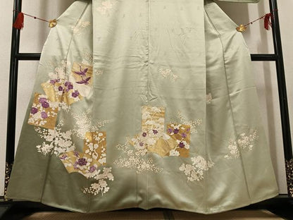 平和屋着物●訪問着　刺繍　群れ鶴地紙草花文　貝紫　暈し染め　金彩　正絹　逸品　AABG1068ph