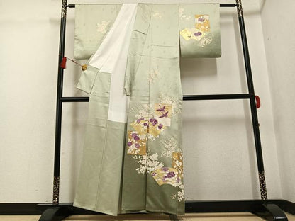 平和屋着物●訪問着　刺繍　群れ鶴地紙草花文　貝紫　暈し染め　金彩　正絹　逸品　AABG1068ph