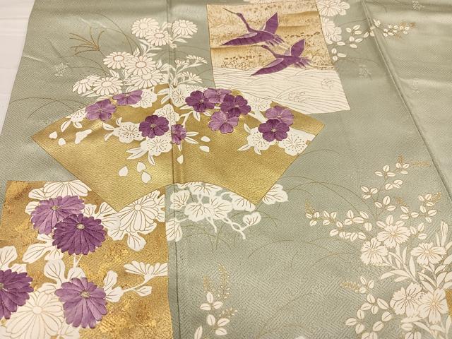 平和屋着物●訪問着　刺繍　群れ鶴地紙草花文　貝紫　暈し染め　金彩　正絹　逸品　AABG1068ph