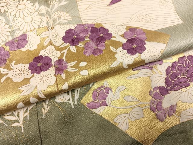 平和屋着物●訪問着　刺繍　群れ鶴地紙草花文　貝紫　暈し染め　金彩　正絹　逸品　AABG1068ph