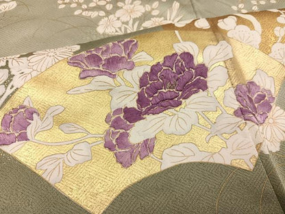 平和屋着物●訪問着　刺繍　群れ鶴地紙草花文　貝紫　暈し染め　金彩　正絹　逸品　AABG1068ph