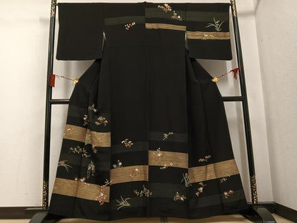 平和屋着物●訪問着　刺繍　草花文　黒地　金彩　正絹　逸品　AABG1077ph