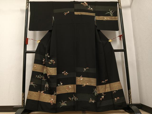 平和屋着物●訪問着　刺繍　草花文　黒地　金彩　正絹　逸品　AABG1077ph